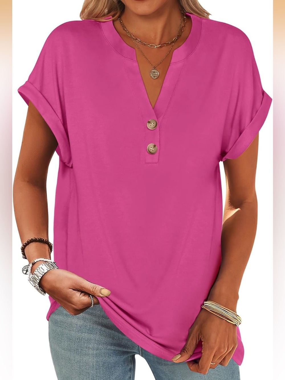 ANRABESS Short Sleeve Henley Top V Neck Dressy Casual Blouse Summer Trendy Shirt